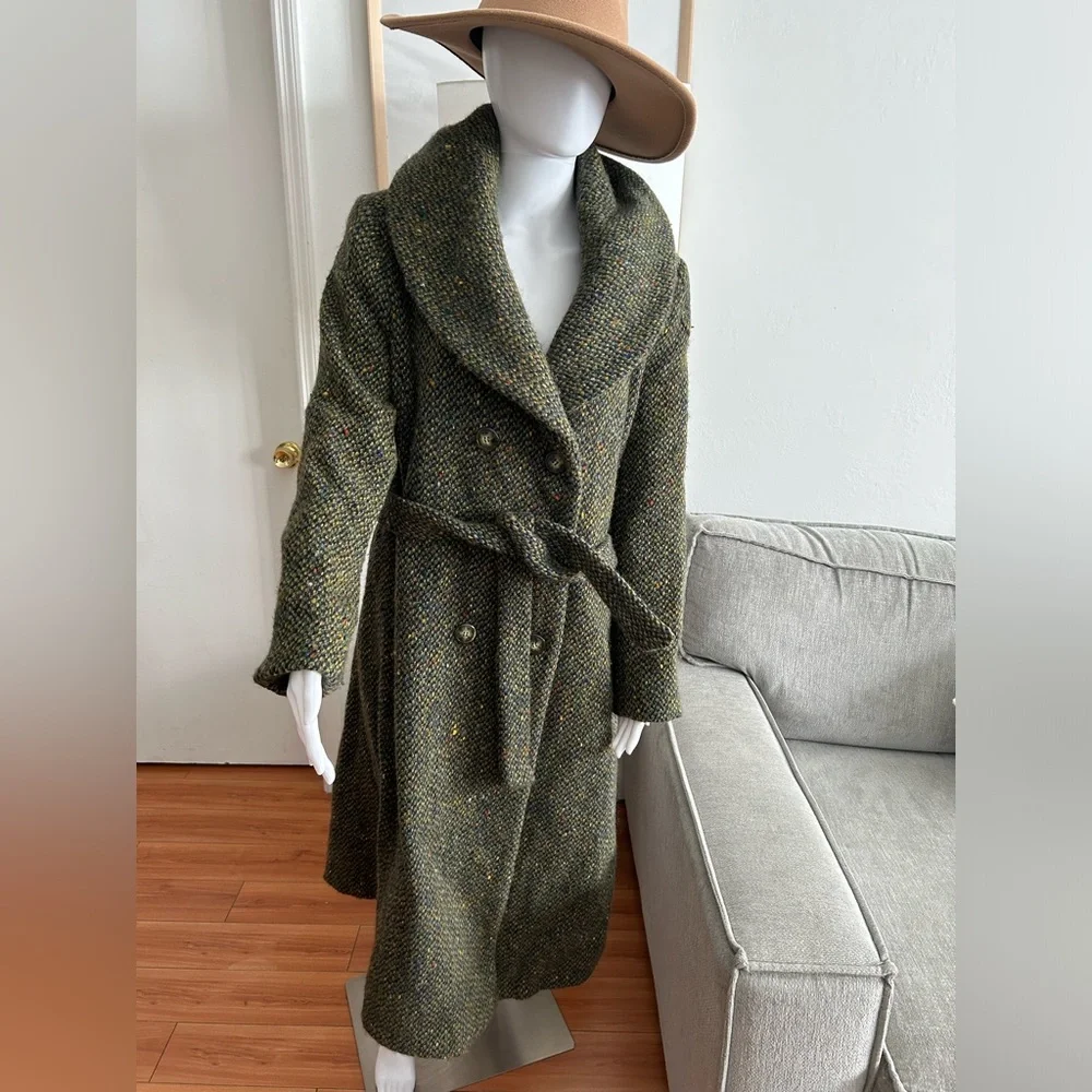 Sold‼️Searle Vintage Irish Wool Herringbone Shawl Collar Green Long Coat 12 - Picture 1 of 17